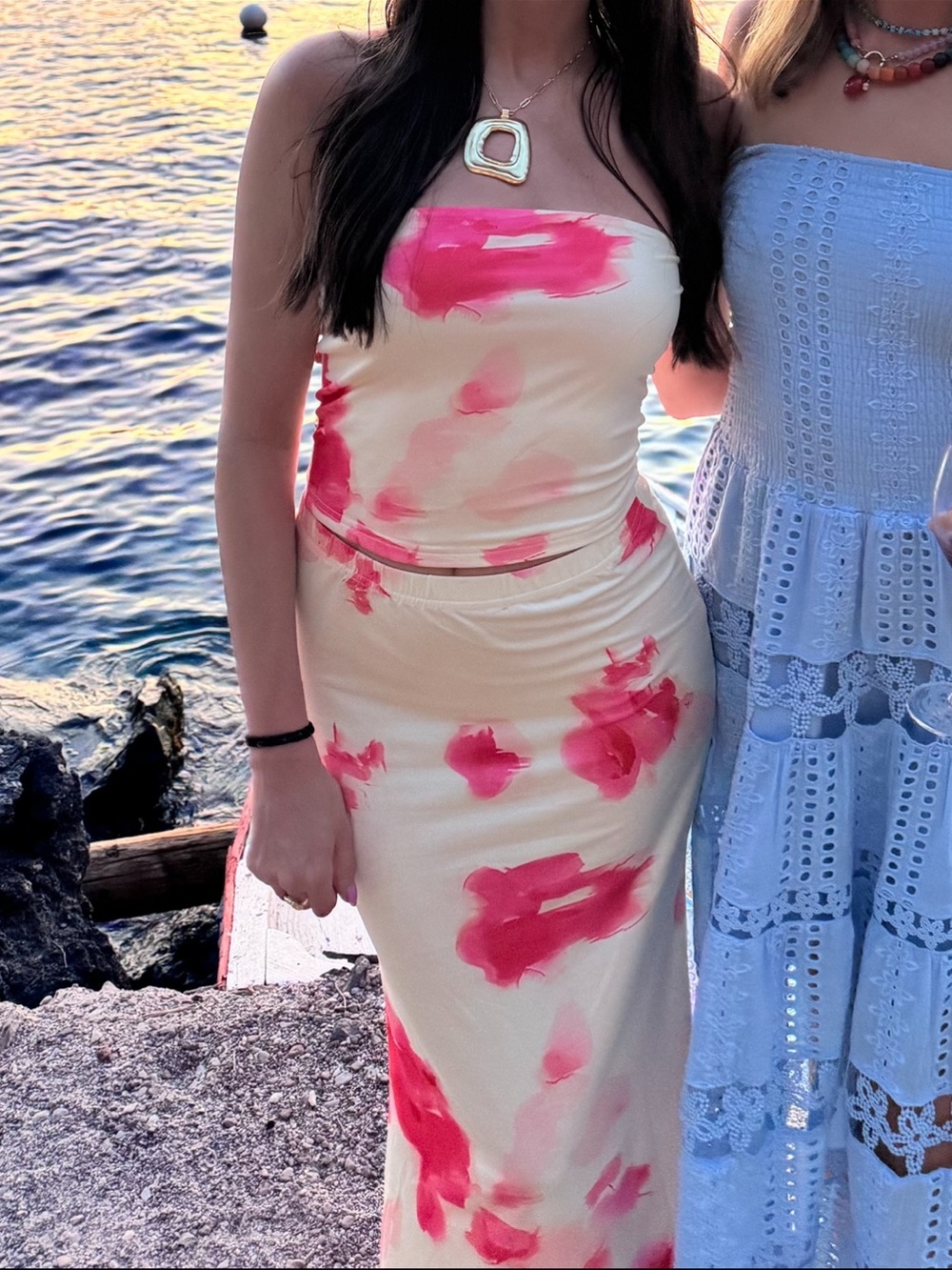 Cream Strapless Two-Piece Dress with Pink Watercolor Print